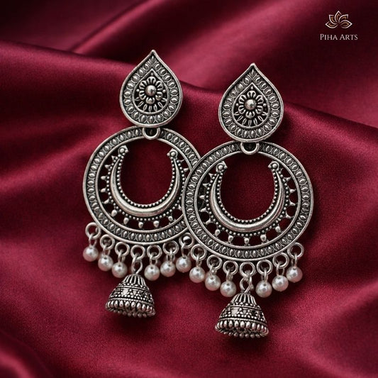 Oxidised Silver Chandbali Earrings with Pearl Jhumka
