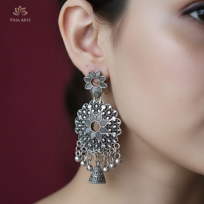 Oxidized Silver Floral Mandala Jhumka Drop Earrings