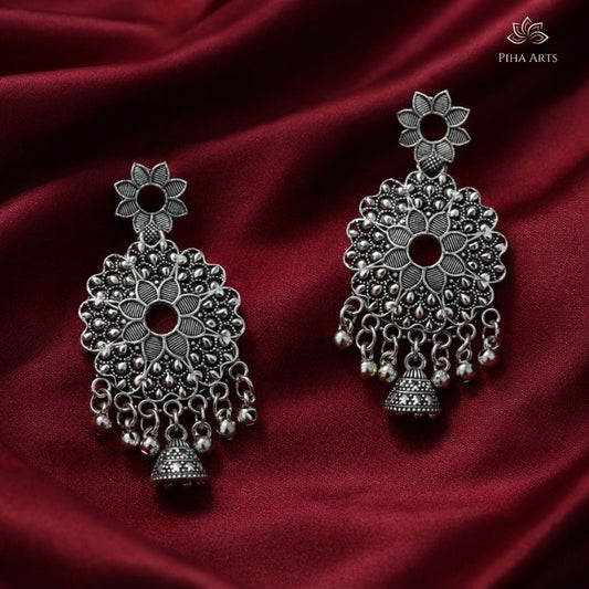 Oxidized Silver Floral Mandala Jhumka Drop Earrings