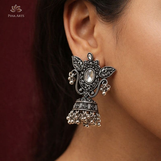 Oxidized Silver White Stone Studded Jhumka Earrings
