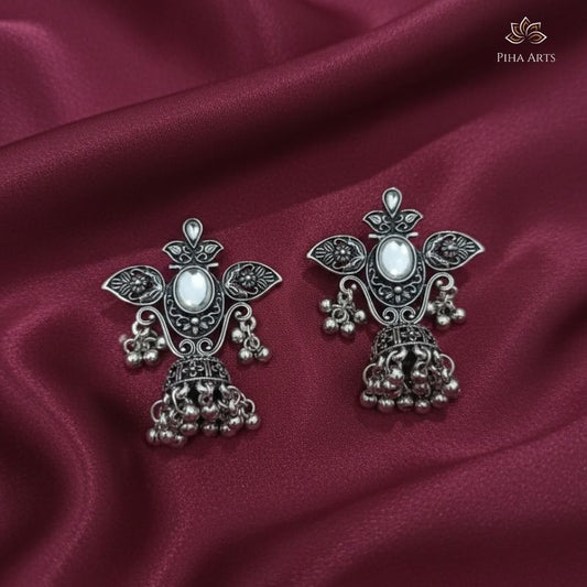 Oxidized Silver White Stone Studded Jhumka Earrings