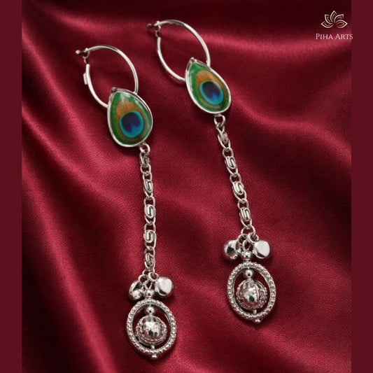 Peacock Feather Long Chain Oxidized Silver Drop Earrings