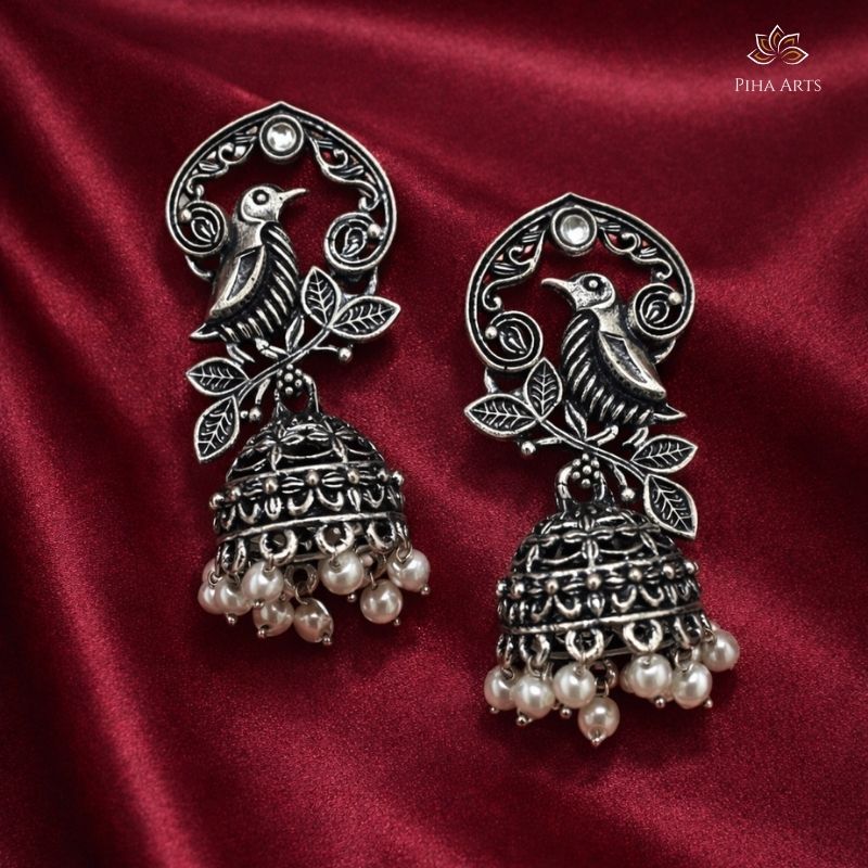 Handcrafted Bird and Leaf Motif Oxidized Silver Jhumka Earrings