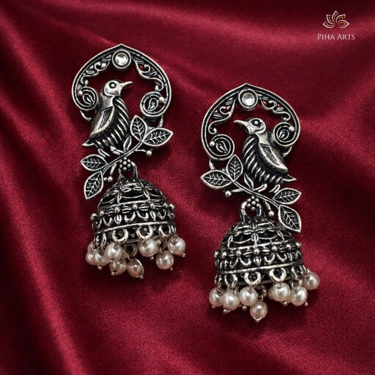 Handcrafted Bird and Leaf Motif Oxidized Silver Jhumka Earrings