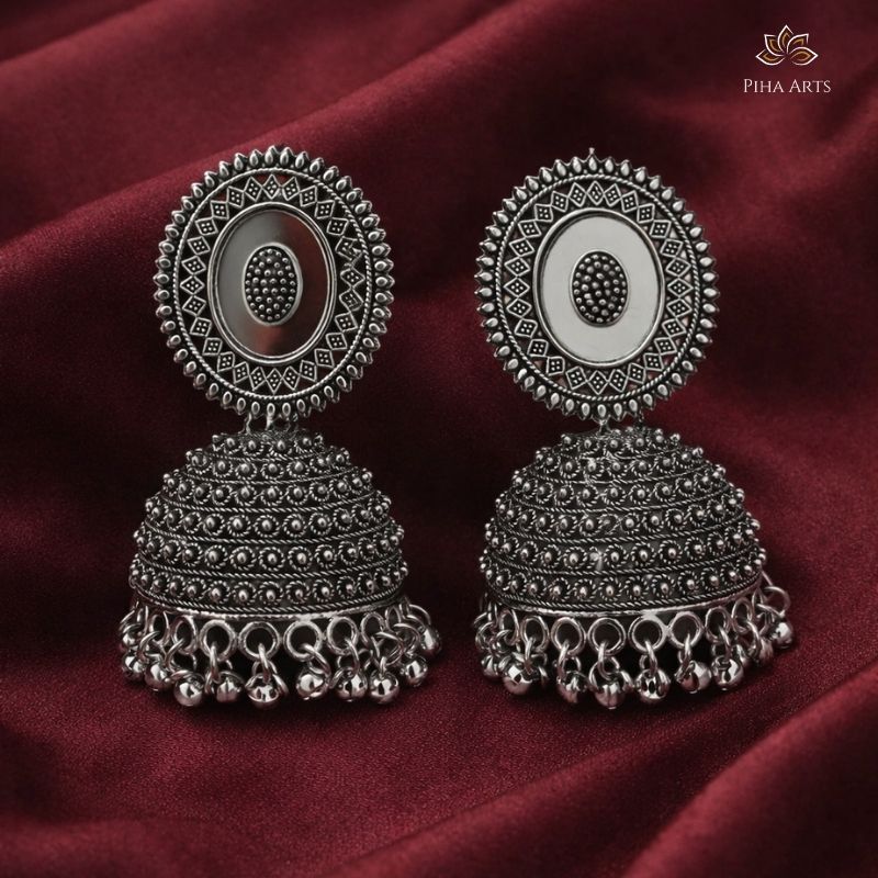 Circular Mirror Work Oxidized Silver Jhumka Earrings