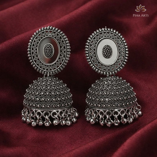 Circular Mirror Work Oxidized Silver Jhumka Earrings