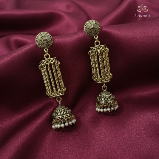 Antique Gold Tone Cylindrical Cage Drop Jhumka Earrings