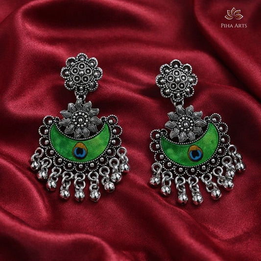 Green Meenakari Peacock Eye Oxidized Silver Chandbali Earrings
