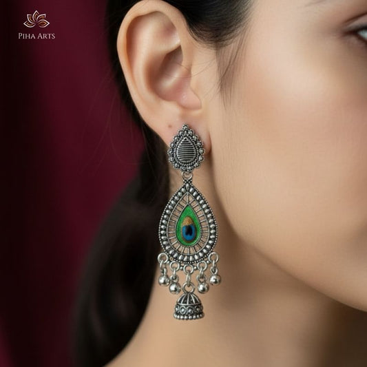 Green Meenakari Peacock Motif Teardrop Oxidized Earrings