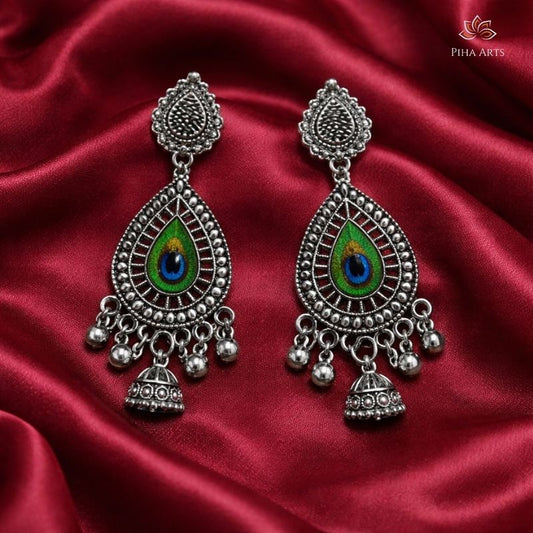 Green Meenakari Peacock Motif Teardrop Oxidized Earrings