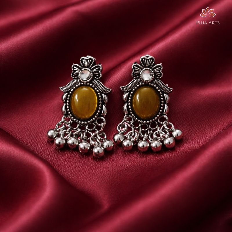 Yellow Stone Studded Floral Oxidized Silver Drop Earrings