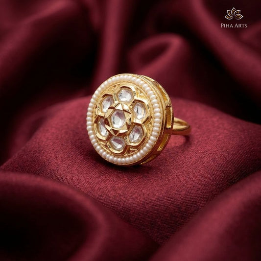 Adjustable Kundan Meenakari Pearl Ring for Women