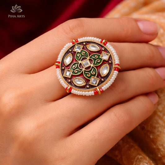 Traditional Meenakari Kundan Moti Ring for Women